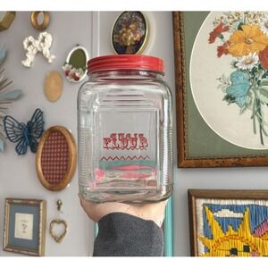 Vintage Large Flour Heavy Glass Canister Container Red Lid Kitschy Retro 9"